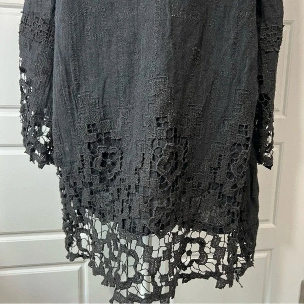 Soft Surrounding Black Embroidered Tunic Crochet Lace Trim Long Sleeve Boho‎ XL